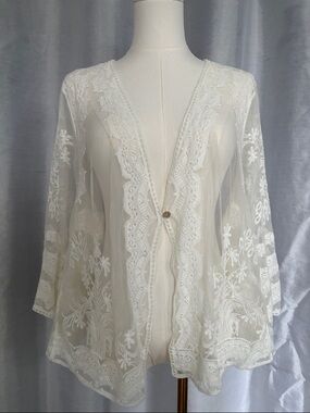 Sheer Embroidered Lace Kimono Cardigan - Ivory